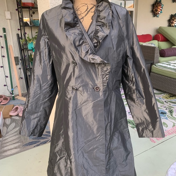 Pink Tartan gun metal color ruffled fri lined trench coat Size 12 - Picture 2 of 10